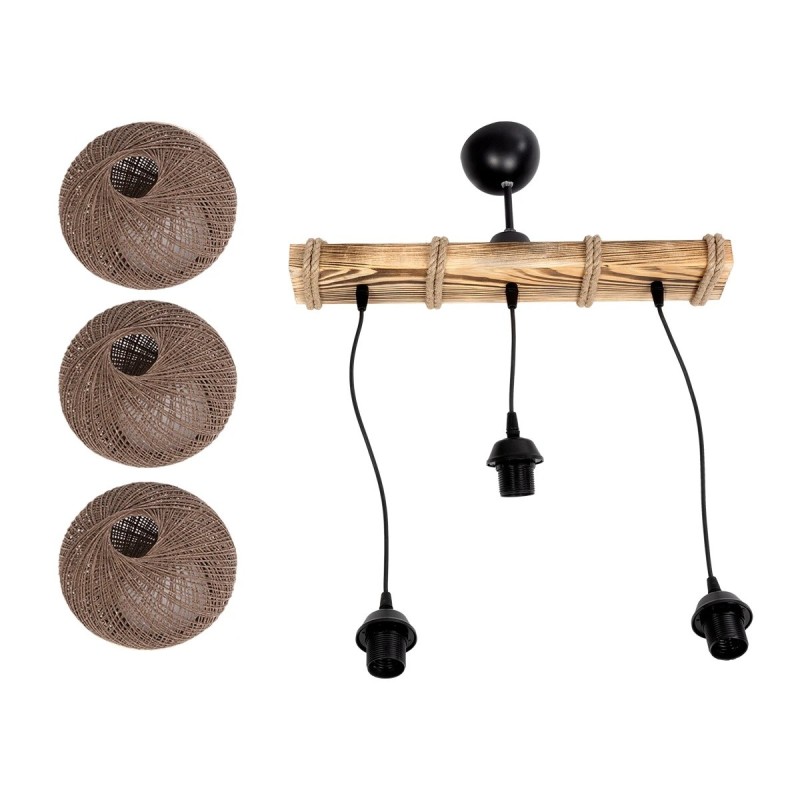 GloboStar® LUMA 201-0012 Vintage Κρεμαστό Φωτιστικό Ράγα Τρίφωτο 3 x E27 IP20 Μπεζ Ξύλο με Καφέ Σχοινί - Μ50 x Π20 x Υ63cm
