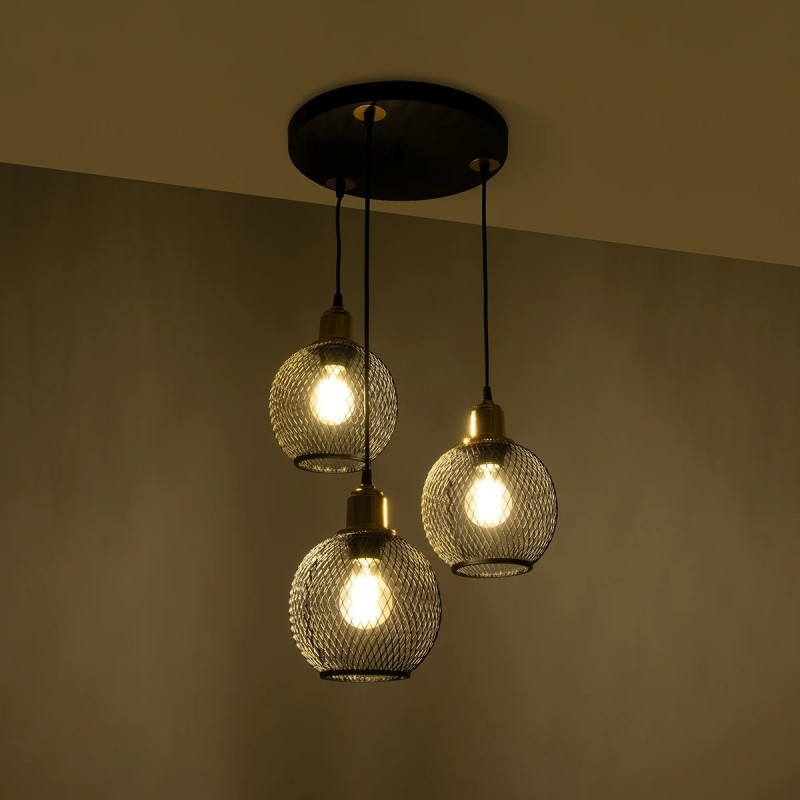GloboStar® VIVIDUS 201-0020 Vintage Κρεμαστό Φωτιστικό Πλέγμα Τρίφωτο 3 x E27 IP20 Μαύρο και Χρυσό Μέταλλο - Μ32 x Π32 x Υ70cm