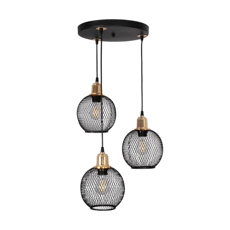 GloboStar® VIVIDUS 201-0020 Vintage Κρεμαστό Φωτιστικό Πλέγμα Τρίφωτο 3 x E27 IP20 Μαύρο και Χρυσό Μέταλλο - Μ32 x Π32 x Υ70cm