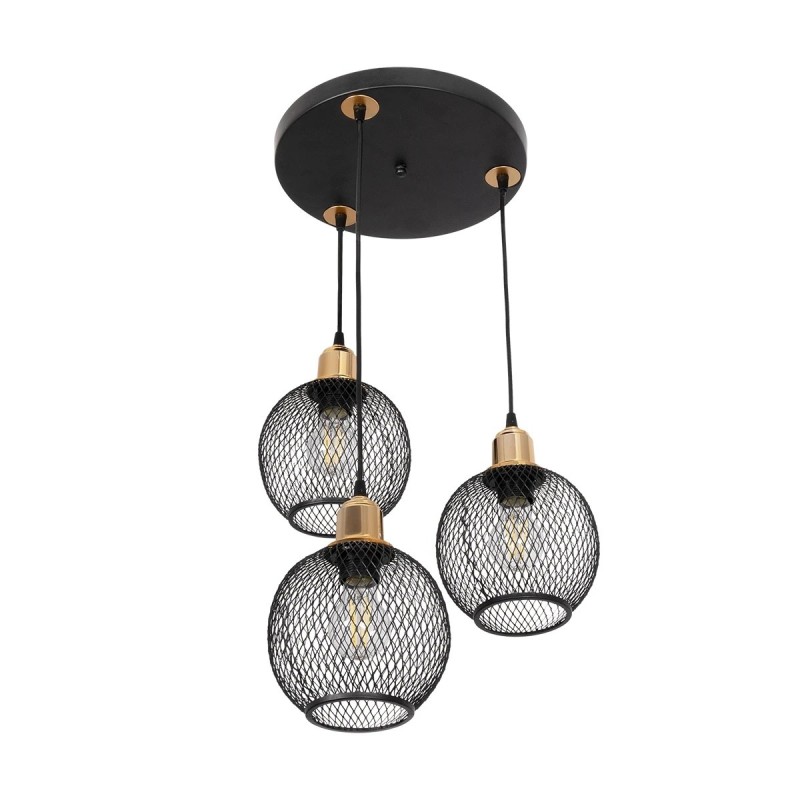 GloboStar® VIVIDUS 201-0020 Vintage Κρεμαστό Φωτιστικό Πλέγμα Τρίφωτο 3 x E27 IP20 Μαύρο και Χρυσό Μέταλλο - Μ32 x Π32 x Υ70cm