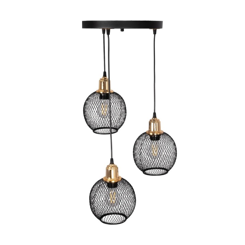 GloboStar® VIVIDUS 201-0020 Vintage Κρεμαστό Φωτιστικό Πλέγμα Τρίφωτο 3 x E27 IP20 Μαύρο και Χρυσό Μέταλλο - Μ32 x Π32 x Υ70cm