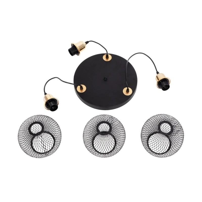 GloboStar® VIVIDUS 201-0020 Vintage Κρεμαστό Φωτιστικό Πλέγμα Τρίφωτο 3 x E27 IP20 Μαύρο και Χρυσό Μέταλλο - Μ32 x Π32 x Υ70cm