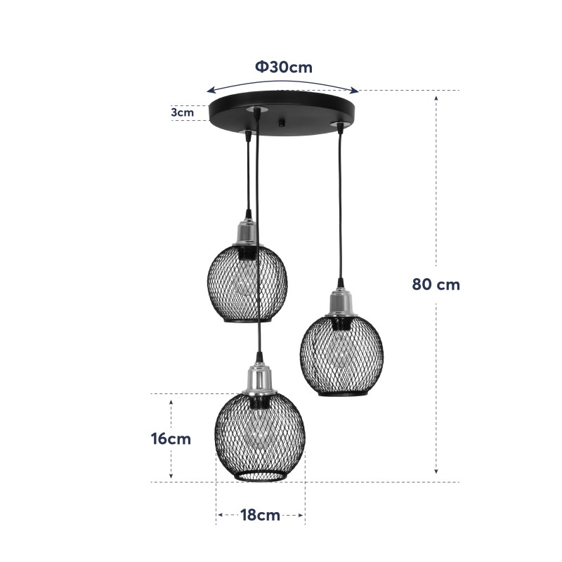 GloboStar® VIVIDUS 201-0020 Vintage Κρεμαστό Φωτιστικό Πλέγμα Τρίφωτο 3 x E27 IP20 Μαύρο και Χρυσό Μέταλλο - Μ32 x Π32 x Υ70cm