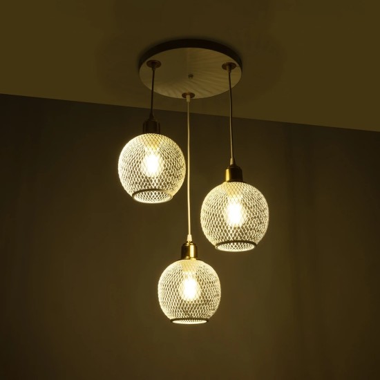 GloboStar® VIVIDUS 201-0021 Vintage Κρεμαστό Φωτιστικό Πλέγμα Τρίφωτο 3 x E27 IP20 Λευκό και Χρυσό Μέταλλο - Μ32 x Π32 x Υ70cm GloboStar® VIVIDUS 201-0021 Vintage Κρεμαστό Φωτιστικό Πλέγμα Τρίφωτο 3 x E27 IP20 Λευκό και Χρυσό Μέταλλο - Μ32 x Π32 x Υ70cm