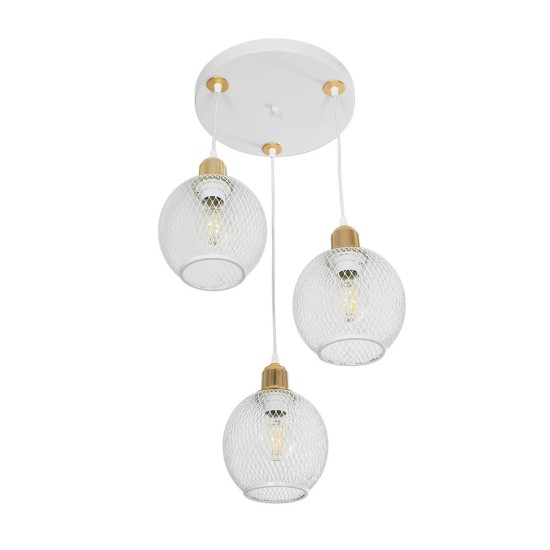 GloboStar® VIVIDUS 201-0021 Vintage Κρεμαστό Φωτιστικό Πλέγμα Τρίφωτο 3 x E27 IP20 Λευκό και Χρυσό Μέταλλο - Μ32 x Π32 x Υ70cm GloboStar® VIVIDUS 201-0021 Vintage Κρεμαστό Φωτιστικό Πλέγμα Τρίφωτο 3 x E27 IP20 Λευκό και Χρυσό Μέταλλο - Μ32 x Π32 x Υ70cm