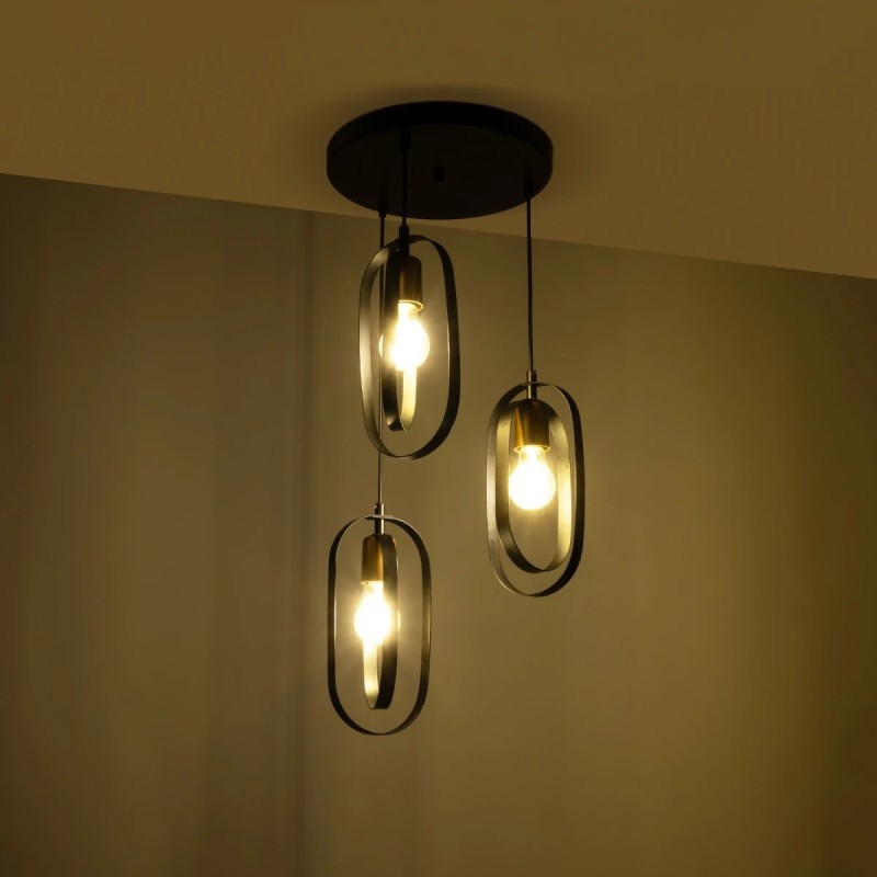 GloboStar® SPARKIO 201-0025 Vintage Κρεμαστό Φωτιστικό Πλέγμα Τρίφωτο 3 x E27 IP20 Μαύρο με Χρυσό Μέταλλο - Μ30 x Π30 x Υ80cm