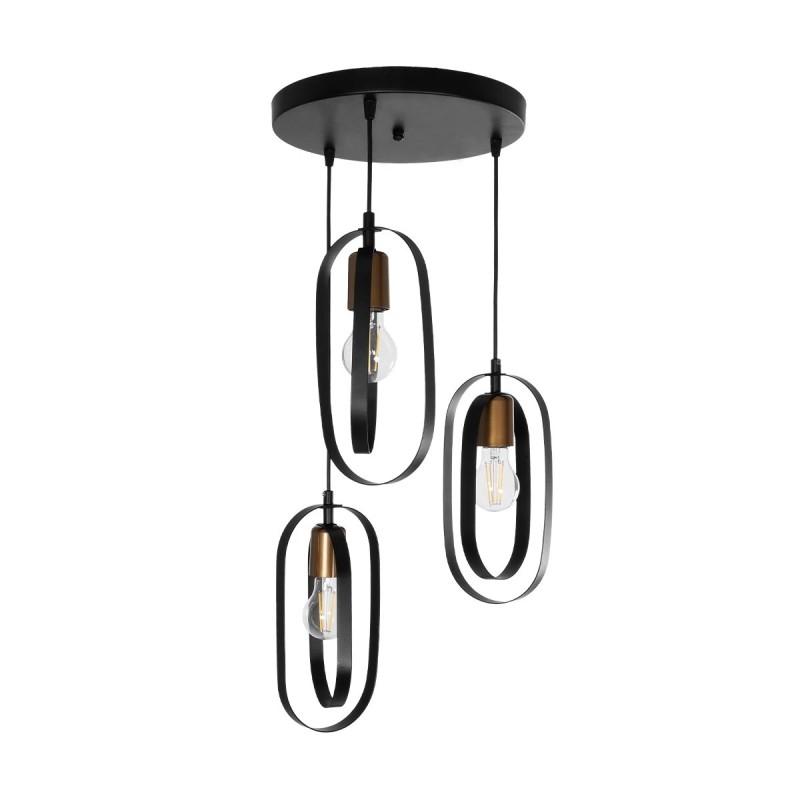 GloboStar® SPARKIO 201-0025 Vintage Κρεμαστό Φωτιστικό Πλέγμα Τρίφωτο 3 x E27 IP20 Μαύρο με Χρυσό Μέταλλο - Μ30 x Π30 x Υ80cm