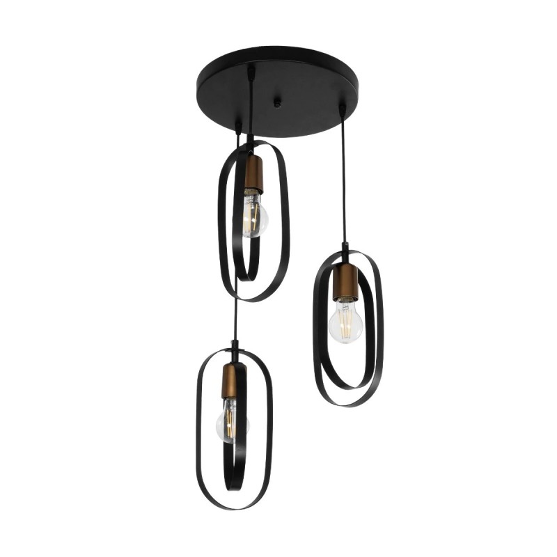 GloboStar® SPARKIO 201-0025 Vintage Κρεμαστό Φωτιστικό Πλέγμα Τρίφωτο 3 x E27 IP20 Μαύρο με Χρυσό Μέταλλο - Μ30 x Π30 x Υ80cm