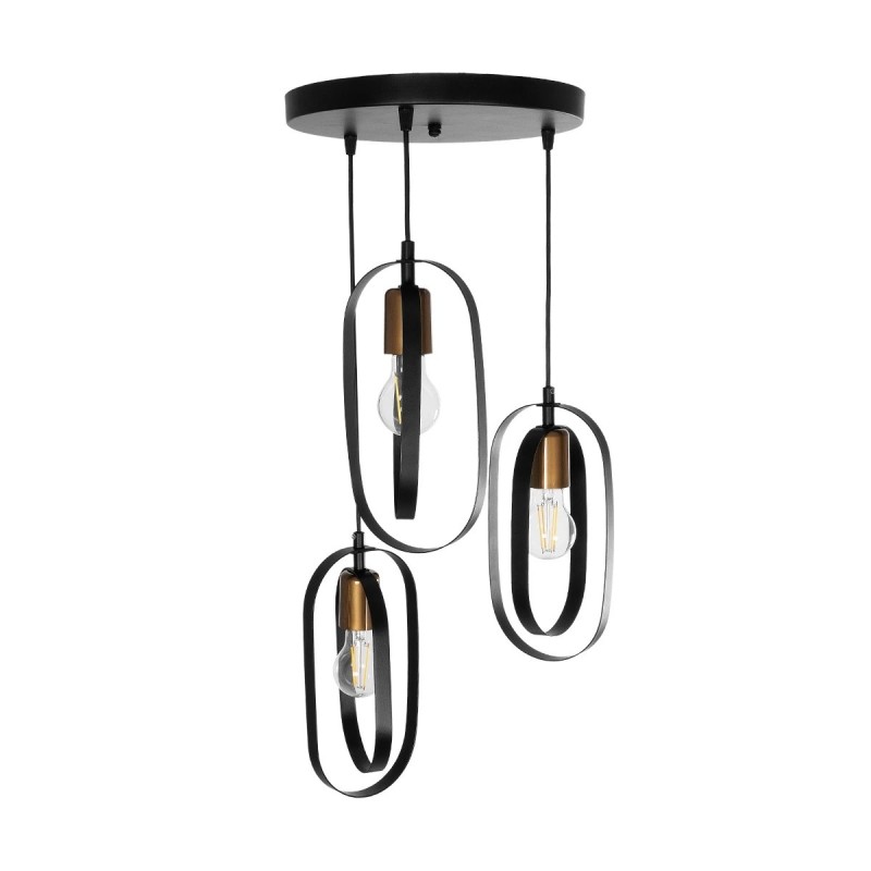 GloboStar® SPARKIO 201-0025 Vintage Κρεμαστό Φωτιστικό Πλέγμα Τρίφωτο 3 x E27 IP20 Μαύρο με Χρυσό Μέταλλο - Μ30 x Π30 x Υ80cm