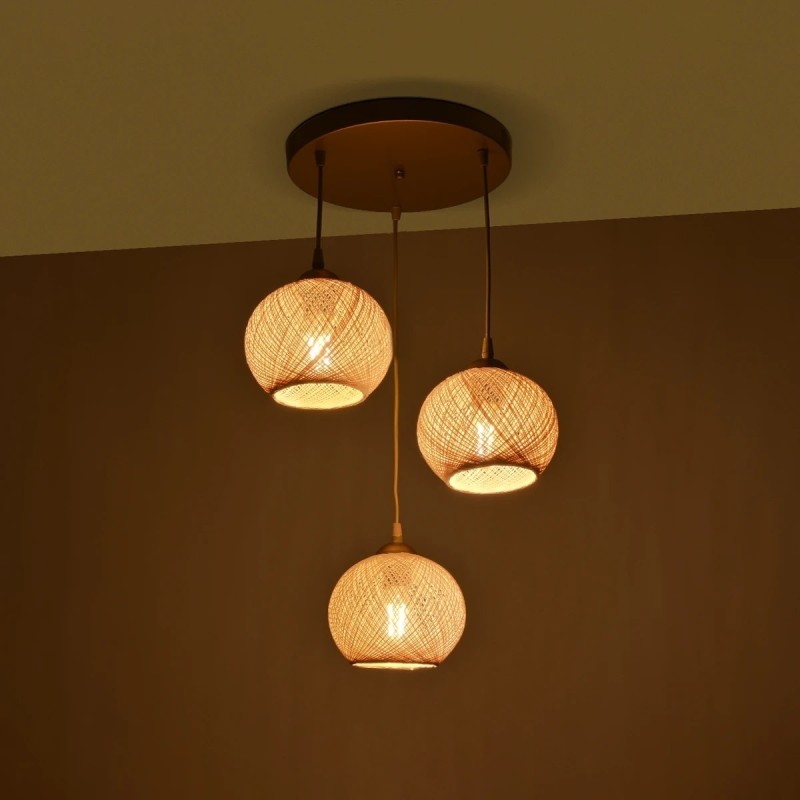 GloboStar® ILLUMIO 201-0027 Vintage Κρεμαστό Φωτιστικό Μπάλα Τρίφωτο 3 x E27 IP20 Χρυσό Μέταλλο με Μπεζ Σχοινί - Μ30 x Π30 x Υ70cm