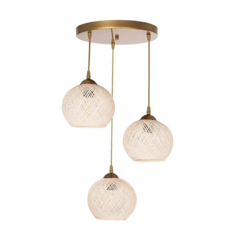 GloboStar® ILLUMIO 201-0027 Vintage Κρεμαστό Φωτιστικό Μπάλα Τρίφωτο 3 x E27 IP20 Χρυσό Μέταλλο με Μπεζ Σχοινί - Μ30 x Π30 x Υ70cm
