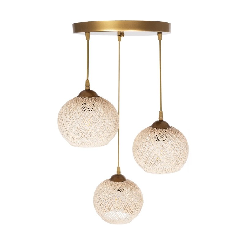 GloboStar® ILLUMIO 201-0027 Vintage Κρεμαστό Φωτιστικό Μπάλα Τρίφωτο 3 x E27 IP20 Χρυσό Μέταλλο με Μπεζ Σχοινί - Μ30 x Π30 x Υ70cm