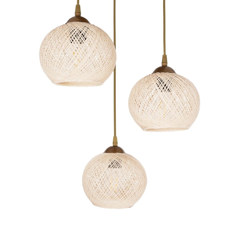 GloboStar® ILLUMIO 201-0027 Vintage Κρεμαστό Φωτιστικό Μπάλα Τρίφωτο 3 x E27 IP20 Χρυσό Μέταλλο με Μπεζ Σχοινί - Μ30 x Π30 x Υ70cm
