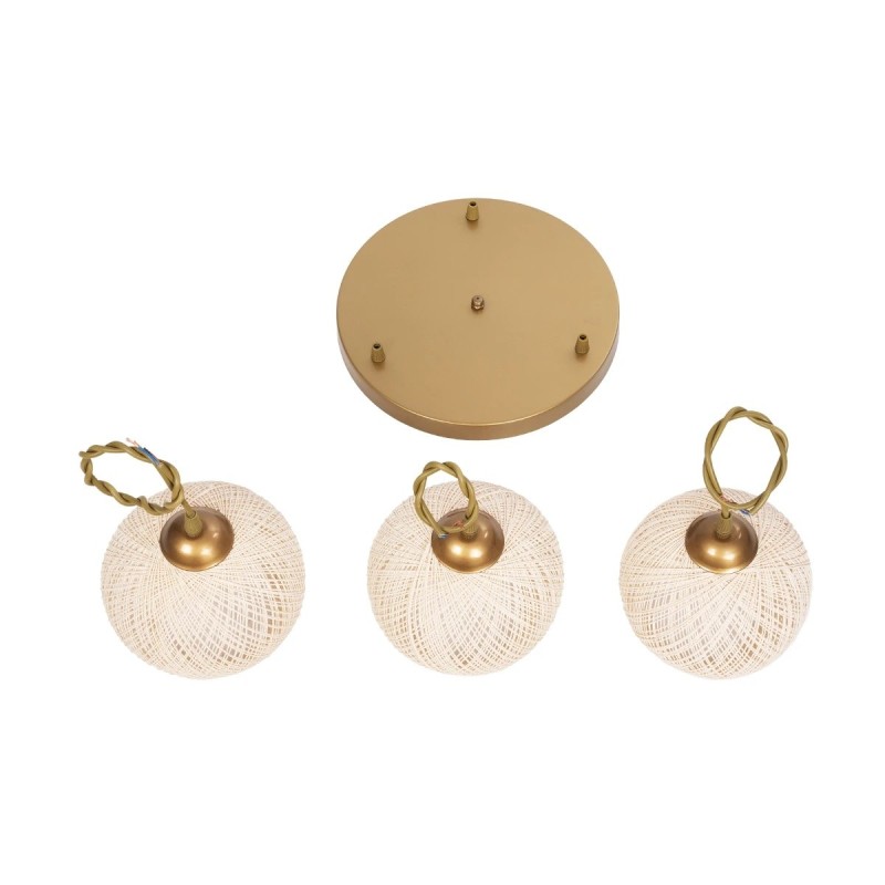 GloboStar® ILLUMIO 201-0027 Vintage Κρεμαστό Φωτιστικό Μπάλα Τρίφωτο 3 x E27 IP20 Χρυσό Μέταλλο με Μπεζ Σχοινί - Μ30 x Π30 x Υ70cm