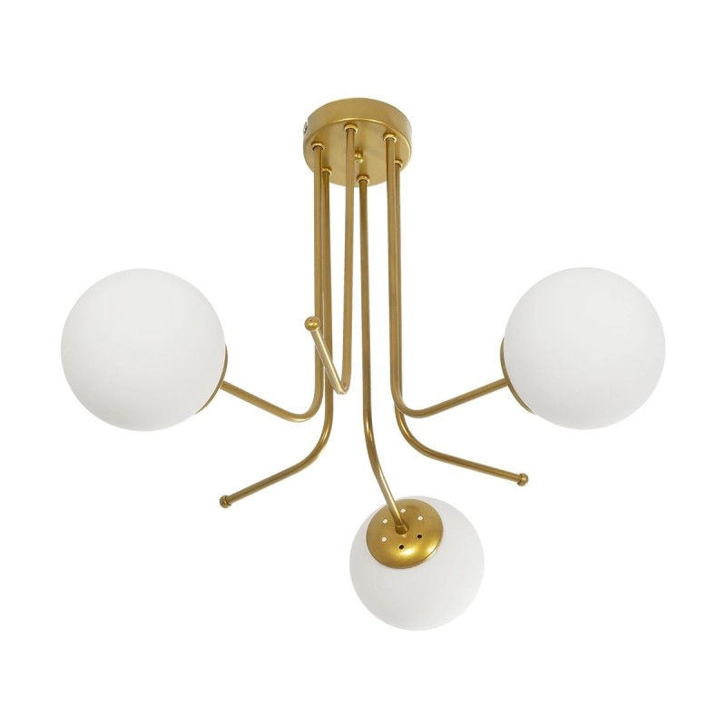 GloboStar® SHINY 201-0028 Vintage Φωτιστικό Οροφής Μπάλα Τρίφωτο 3 x E27 IP20 Χρυσό Μέταλλο με Γαλακτερή Μπάλα - Μ35 x Π35 x Υ60cm