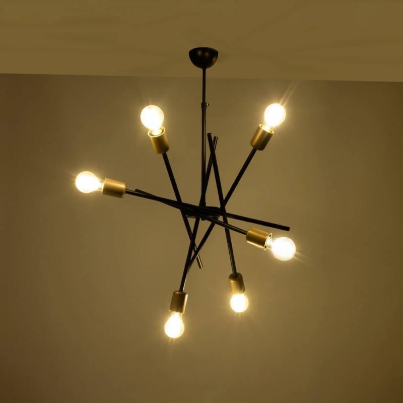 GloboStar® SUNFY 201-0030 Μοντέρνο Φωτιστικό Οροφής Πλέγμα Πολύφωτο 6 x E27 IP20 Μαύρο με Μπρονζέ Μέταλλο - Μ60 x Π70 x Υ60cm