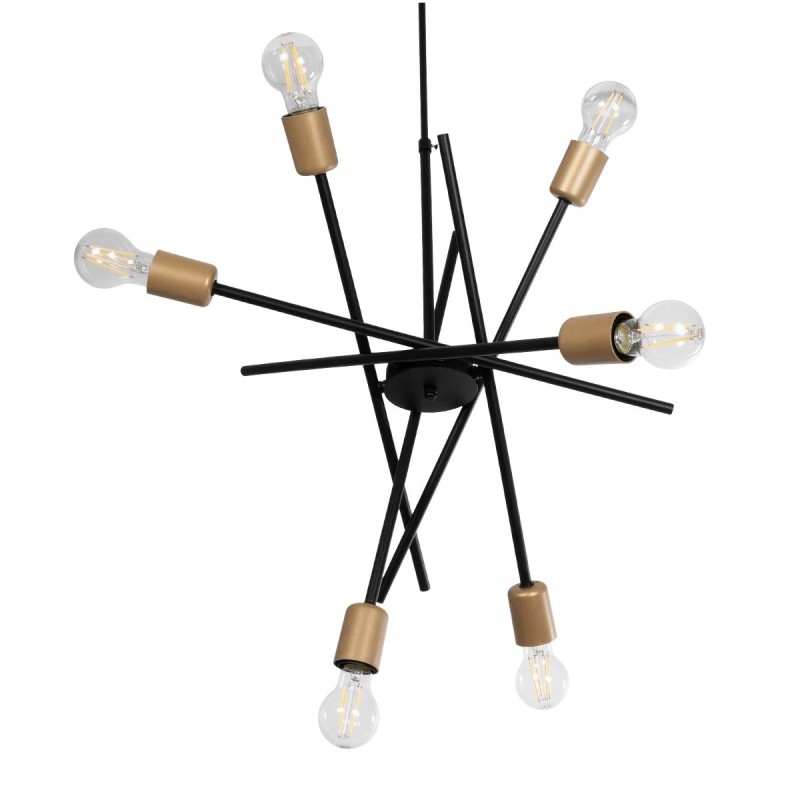 GloboStar® SUNFY 201-0030 Μοντέρνο Φωτιστικό Οροφής Πλέγμα Πολύφωτο 6 x E27 IP20 Μαύρο με Μπρονζέ Μέταλλο - Μ60 x Π70 x Υ60cm