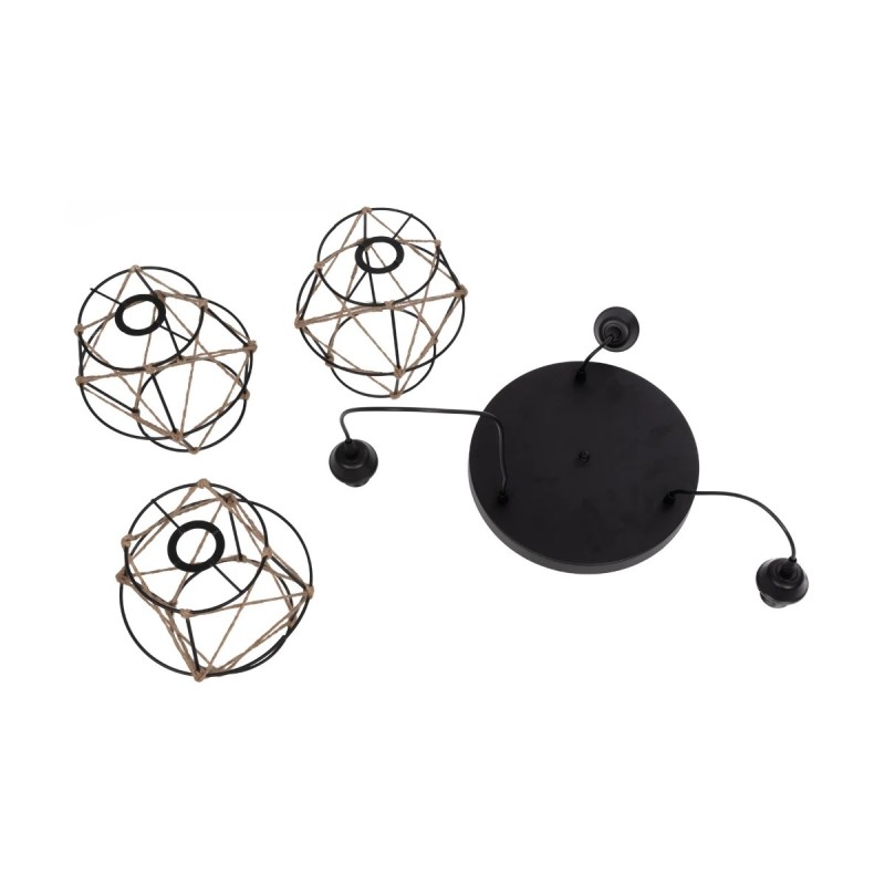 GloboStar® RAYLO 201-0048 Vintage Κρεμαστό Φωτιστικό Πλέγμα Τριφωτο 3 x E27 IP20 Mεταλλικό Μαύρο με Μπεζ Σχοινί - Μ30 x Π30 x Υ70cm