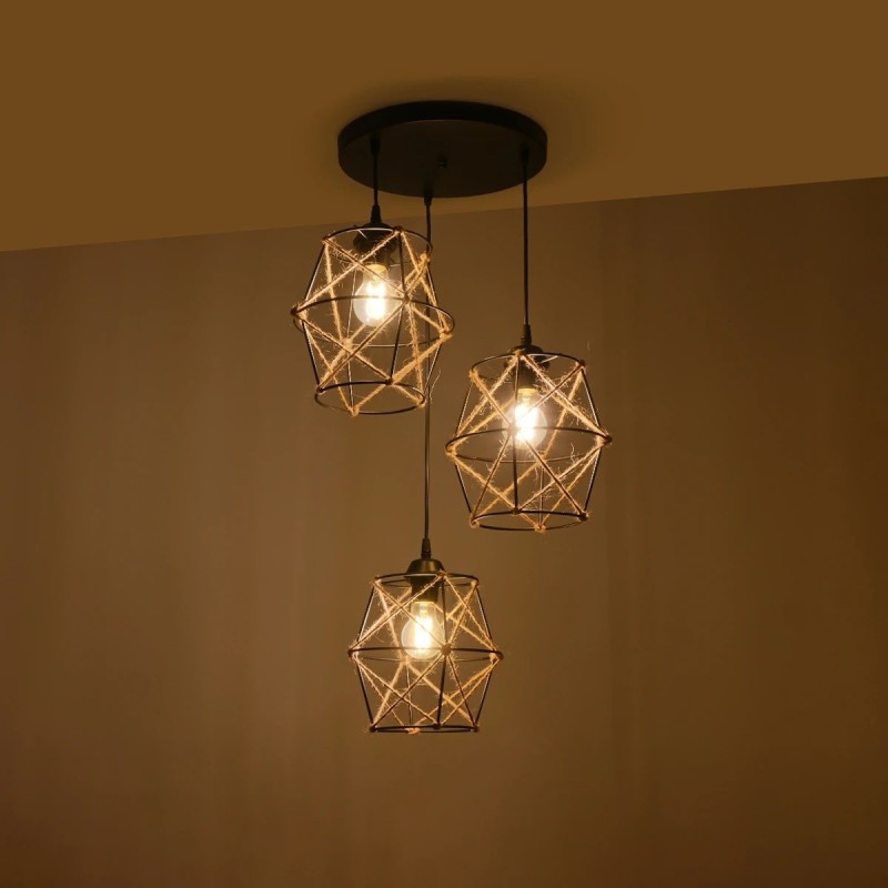 GloboStar® RAYLO 201-0048 Vintage Κρεμαστό Φωτιστικό Πλέγμα Τριφωτο 3 x E27 IP20 Mεταλλικό Μαύρο με Μπεζ Σχοινί - Μ30 x Π30 x Υ70cm