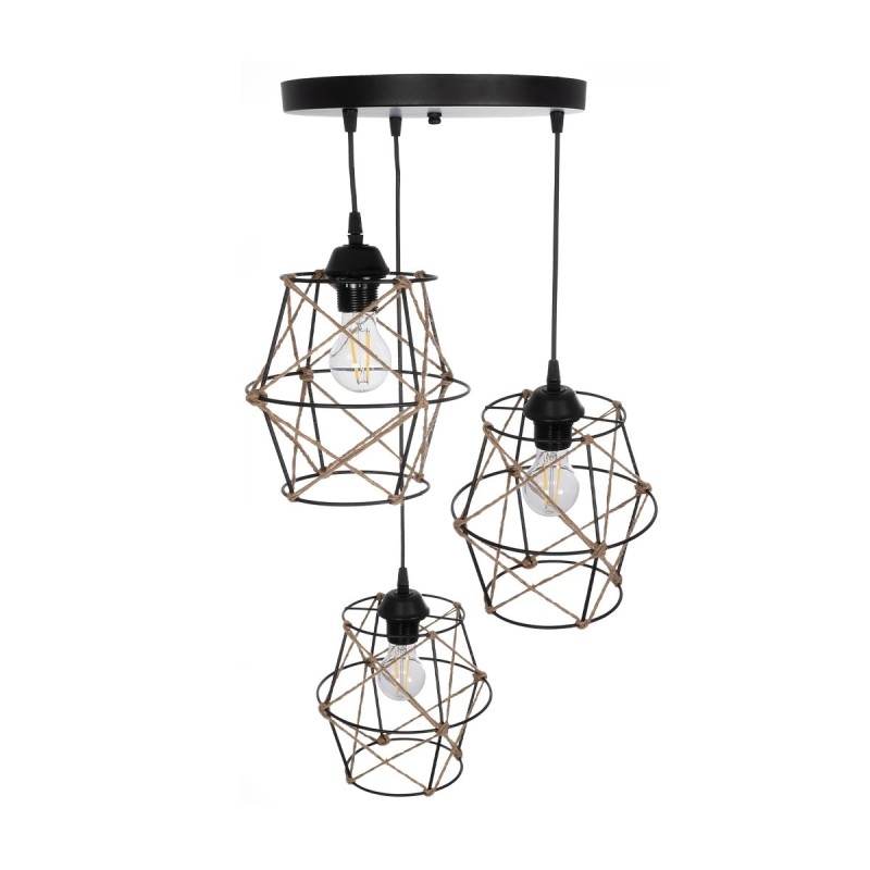 GloboStar® RAYLO 201-0048 Vintage Κρεμαστό Φωτιστικό Πλέγμα Τριφωτο 3 x E27 IP20 Mεταλλικό Μαύρο με Μπεζ Σχοινί - Μ30 x Π30 x Υ70cm