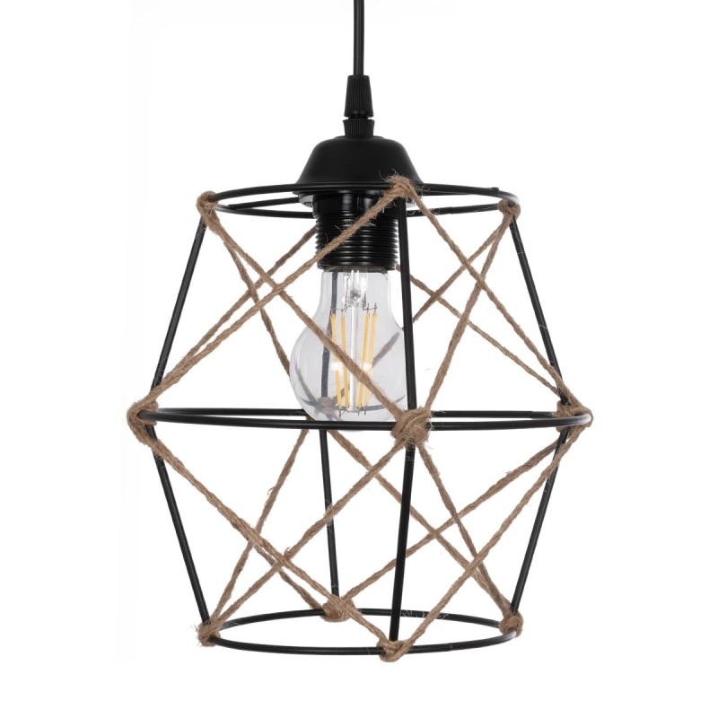 GloboStar® RAYLO 201-0048 Vintage Κρεμαστό Φωτιστικό Πλέγμα Τριφωτο 3 x E27 IP20 Mεταλλικό Μαύρο με Μπεζ Σχοινί - Μ30 x Π30 x Υ70cm