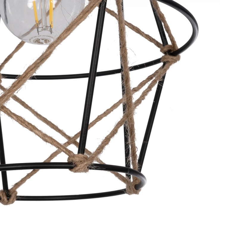 GloboStar® RAYLO 201-0048 Vintage Κρεμαστό Φωτιστικό Πλέγμα Τριφωτο 3 x E27 IP20 Mεταλλικό Μαύρο με Μπεζ Σχοινί - Μ30 x Π30 x Υ70cm