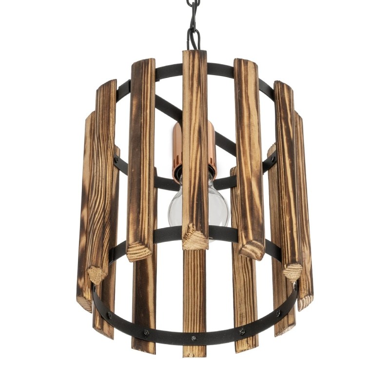 GloboStar® PRISMON 201-0061 Vintage Κρεμαστό Φωτιστικό Οροφής Πλέγμα Μονόφωτο 1 x E27 IP20 Καρυδί Ξύλο με Μαύρο Μέταλλο - Μ25 x Π25 x Υ65cm
