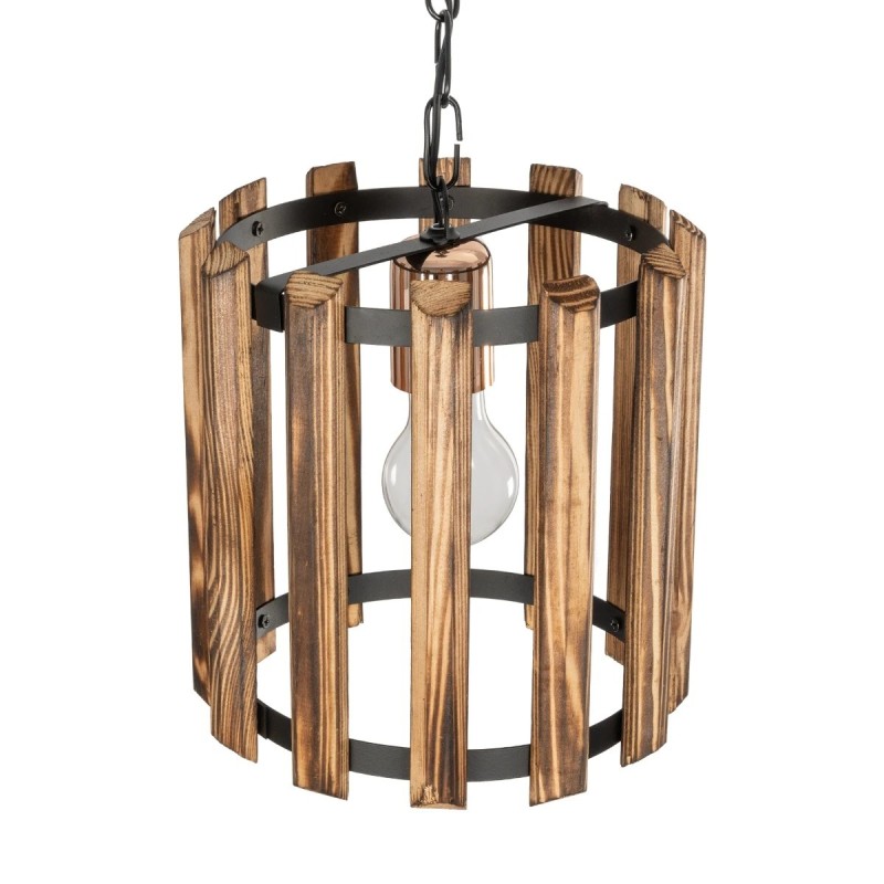 GloboStar® PRISMON 201-0061 Vintage Κρεμαστό Φωτιστικό Οροφής Πλέγμα Μονόφωτο 1 x E27 IP20 Καρυδί Ξύλο με Μαύρο Μέταλλο - Μ25 x Π25 x Υ65cm