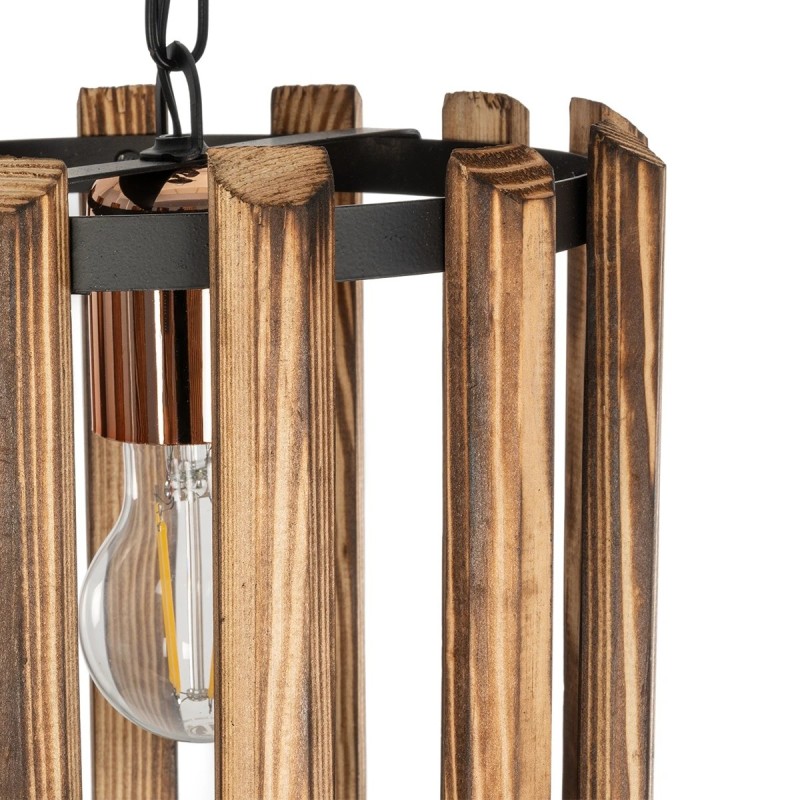 GloboStar® PRISMON 201-0061 Vintage Κρεμαστό Φωτιστικό Οροφής Πλέγμα Μονόφωτο 1 x E27 IP20 Καρυδί Ξύλο με Μαύρο Μέταλλο - Μ25 x Π25 x Υ65cm