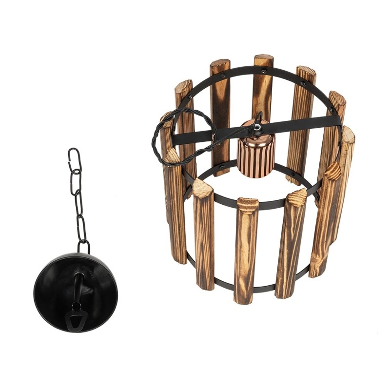 GloboStar® PRISMON 201-0061 Vintage Κρεμαστό Φωτιστικό Οροφής Πλέγμα Μονόφωτο 1 x E27 IP20 Καρυδί Ξύλο με Μαύρο Μέταλλο - Μ25 x Π25 x Υ65cm