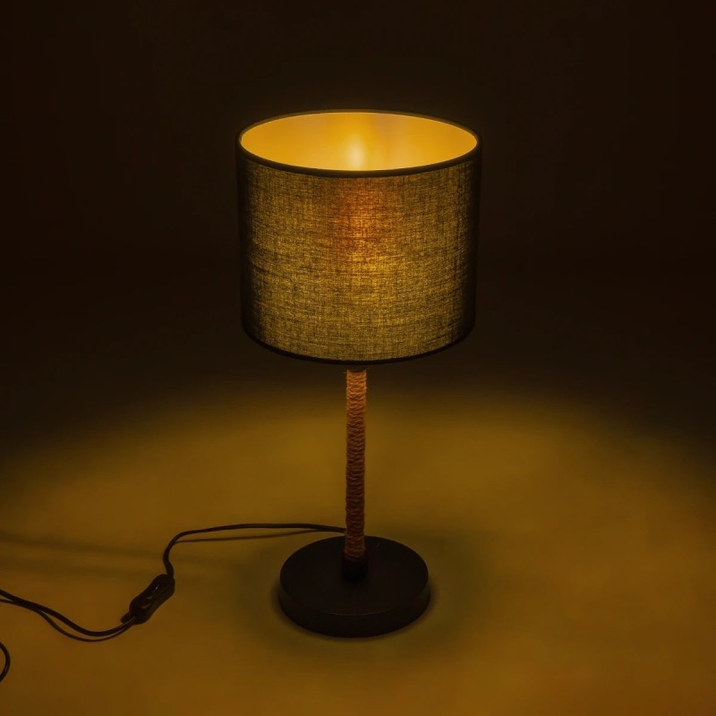 GloboStar® BRONX 201-0062 Μοντέρνο Επιτραπέζιο Φωτιστικό Μονόφωτο 1 x E27 IP20 Μαύρο Ύφασμα, Μπεζ Σχοινί με Μαύρο Μέταλλο - Μ24 x Π24 x Υ37cm