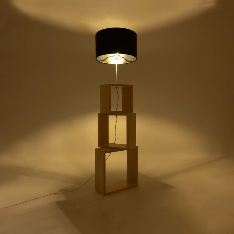 GloboStar® LUMO 201-0070 Μοντέρνο Επιδαπέδιο Φωτιστικό Μονόφωτο 1 x E27 IP20 Μπεζ Ξύλο με Μαύρο Ύφασμα - Μ37 x Π37 x Υ155cm