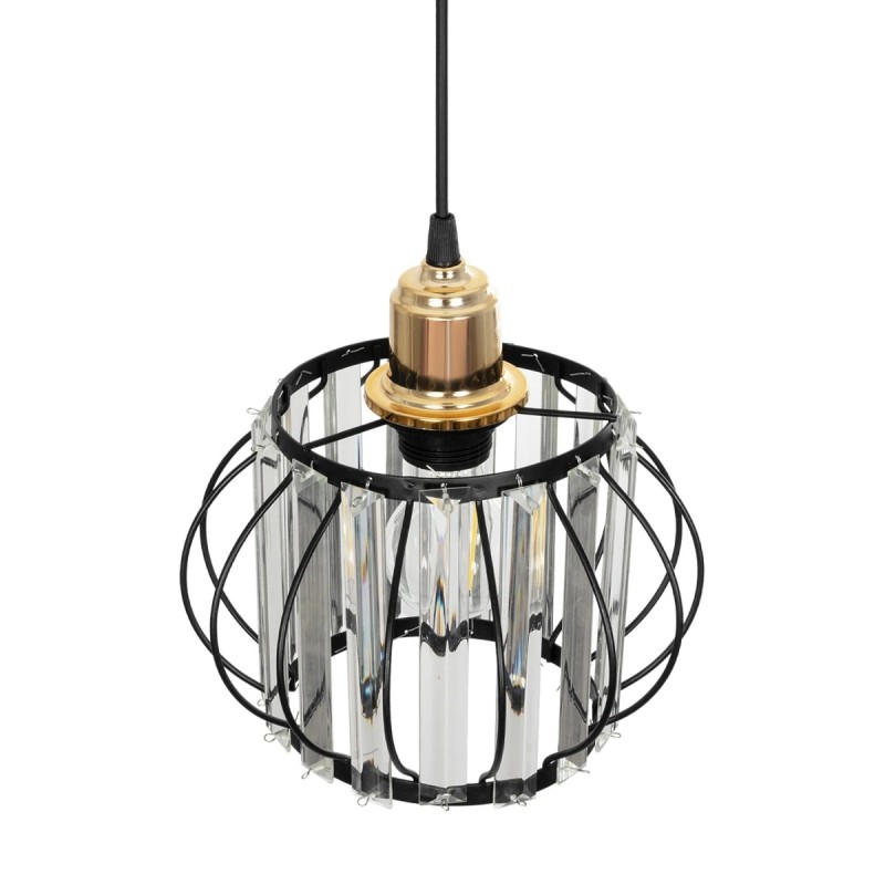 GloboStar® LUCERO 201-0078 Vintage Κρεμαστό Φωτιστικό Πλέγμα Μονόφωτο 1 x E27 IP20 Μαύρο και Χρυσό Μέταλλο με Διάφανο Κρύσταλλο - Μ16 x Π16 x Υ70cm