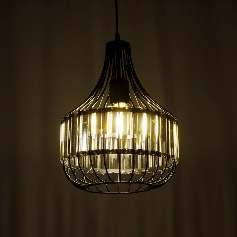 GloboStar® LUMAON 201-0081 Vintage Κρεμαστό Φωτιστικό Πλέγμα Μονόφωτο 1 x E27 IP20 Μαύρο Μέταλλο με Διάφανο Κρύσταλλο - Μ28 x Π28 x Υ80cm