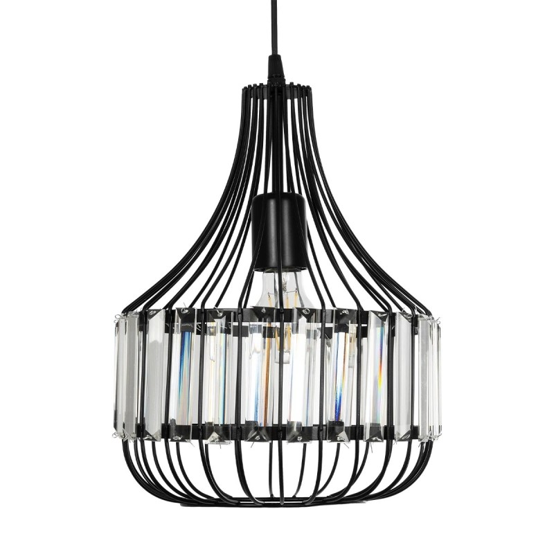 GloboStar® LUMAON 201-0081 Vintage Κρεμαστό Φωτιστικό Πλέγμα Μονόφωτο 1 x E27 IP20 Μαύρο Μέταλλο με Διάφανο Κρύσταλλο - Μ28 x Π28 x Υ80cm