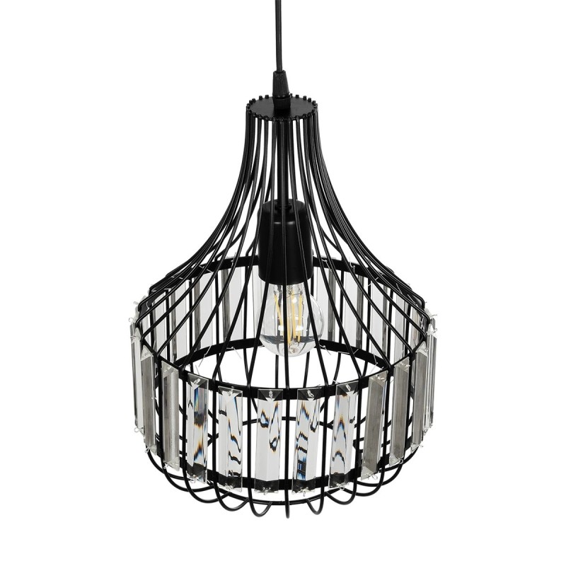 GloboStar® LUMAON 201-0081 Vintage Κρεμαστό Φωτιστικό Πλέγμα Μονόφωτο 1 x E27 IP20 Μαύρο Μέταλλο με Διάφανο Κρύσταλλο - Μ28 x Π28 x Υ80cm