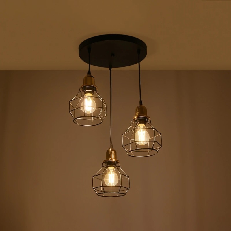 GloboStar® NOVARAY 201-0083 Vintage Κρεμαστό Φωτιστικό Πλέγμα Τρίφωτο 3 x E27 IP20 Μαύρο Μέταλλο - Μ33 x Π33 x Υ75cm