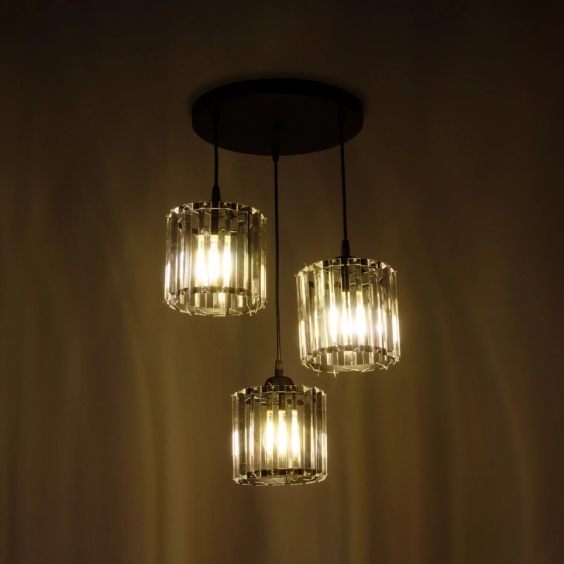 GloboStar® FLAREX 201-0084 Vintage Κρεμαστό Φωτιστικό Πλέγμα Τρίφωτο 3 x E27 IP20 Μαύρο Μέταλλο με Κρυστάλλους - Μ33 x Π33 x Υ75cm