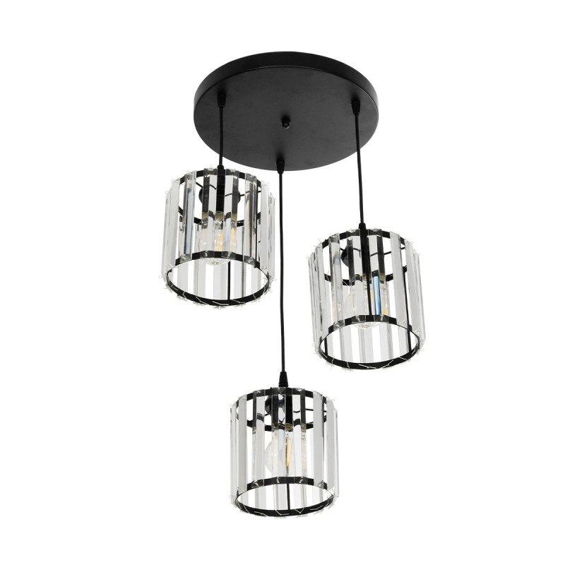 GloboStar® FLAREX 201-0084 Vintage Κρεμαστό Φωτιστικό Πλέγμα Τρίφωτο 3 x E27 IP20 Μαύρο Μέταλλο με Κρυστάλλους - Μ33 x Π33 x Υ75cm