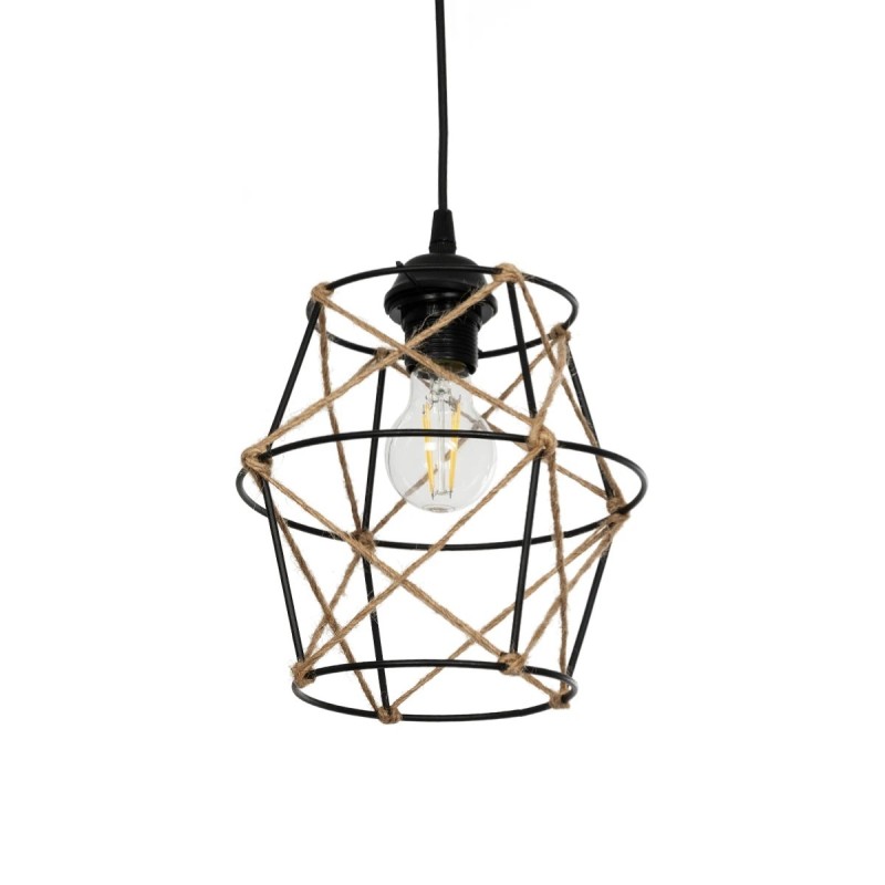 GloboStar® SOLON 201-0088 Vintage Κρεμαστό Φωτιστικό Πλέγμα Μονόφωτο 1 x E27 IP20 Μαύρο Μέταλλο με Μπεζ Σχοινί -  Μ22 x Π22 x Υ86cm
