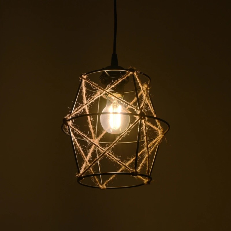 GloboStar® SOLON 201-0088 Vintage Κρεμαστό Φωτιστικό Πλέγμα Μονόφωτο 1 x E27 IP20 Μαύρο Μέταλλο με Μπεζ Σχοινί -  Μ22 x Π22 x Υ86cm