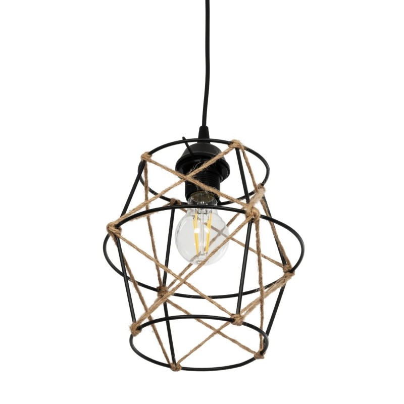 GloboStar® SOLON 201-0088 Vintage Κρεμαστό Φωτιστικό Πλέγμα Μονόφωτο 1 x E27 IP20 Μαύρο Μέταλλο με Μπεζ Σχοινί -  Μ22 x Π22 x Υ86cm