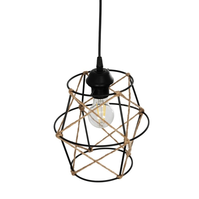 GloboStar® SOLON 201-0088 Vintage Κρεμαστό Φωτιστικό Πλέγμα Μονόφωτο 1 x E27 IP20 Μαύρο Μέταλλο με Μπεζ Σχοινί -  Μ22 x Π22 x Υ86cm