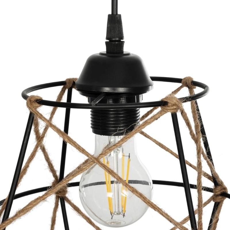 GloboStar® SOLON 201-0088 Vintage Κρεμαστό Φωτιστικό Πλέγμα Μονόφωτο 1 x E27 IP20 Μαύρο Μέταλλο με Μπεζ Σχοινί -  Μ22 x Π22 x Υ86cm