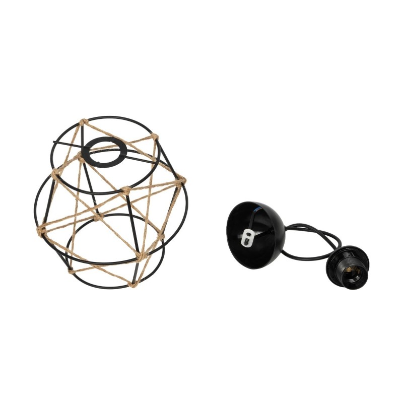 GloboStar® SOLON 201-0088 Vintage Κρεμαστό Φωτιστικό Πλέγμα Μονόφωτο 1 x E27 IP20 Μαύρο Μέταλλο με Μπεζ Σχοινί -  Μ22 x Π22 x Υ86cm