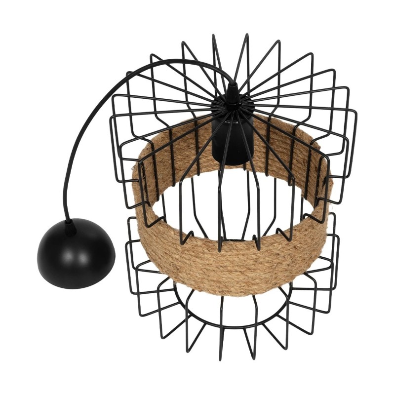 GloboStar® ORB 201-0096 Vintage Κρεμαστό Φωτιστικό Πλέγμα Μονόφωτο 1 x E27 IP20 Μαύρο Μέταλλο με Μπεζ Σχοινί - Μ28 x Π28 x Υ80cm