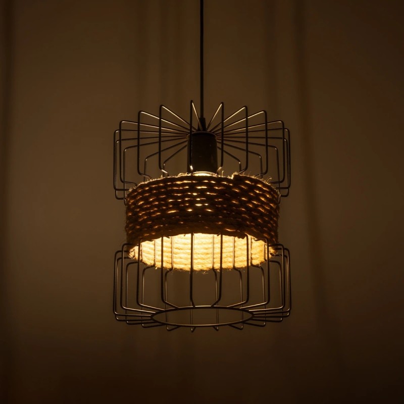 GloboStar® ORB 201-0096 Vintage Κρεμαστό Φωτιστικό Πλέγμα Μονόφωτο 1 x E27 IP20 Μαύρο Μέταλλο με Μπεζ Σχοινί - Μ28 x Π28 x Υ80cm