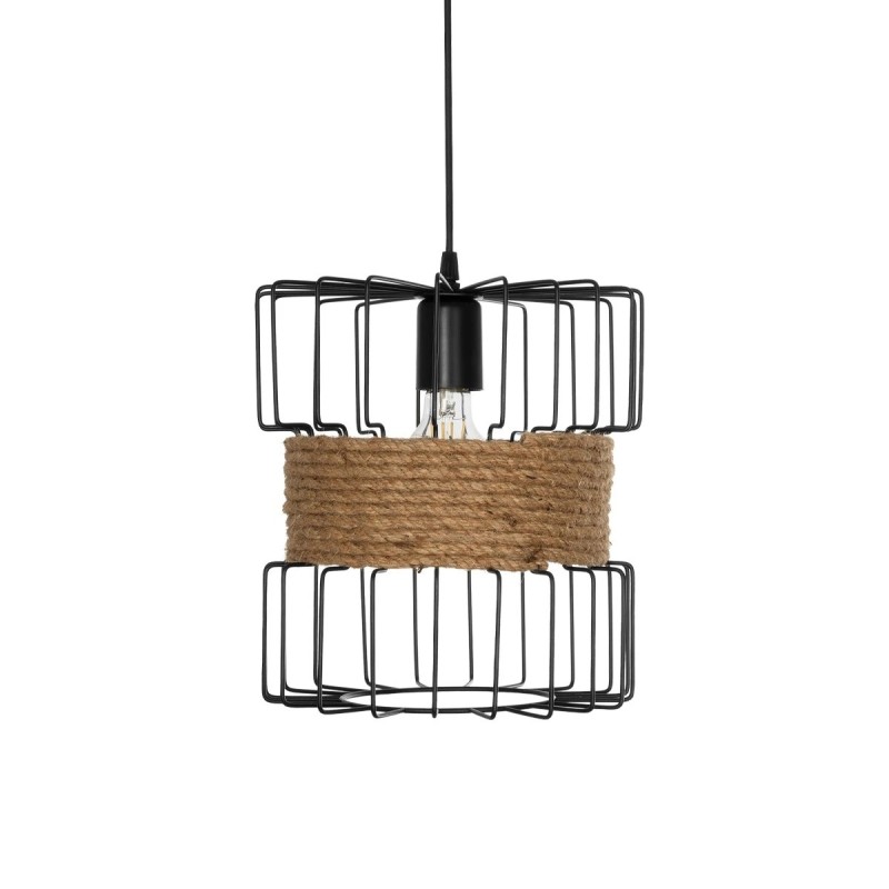 GloboStar® ORB 201-0096 Vintage Κρεμαστό Φωτιστικό Πλέγμα Μονόφωτο 1 x E27 IP20 Μαύρο Μέταλλο με Μπεζ Σχοινί - Μ28 x Π28 x Υ80cm