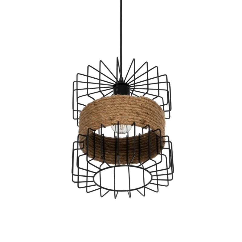 GloboStar® ORB 201-0096 Vintage Κρεμαστό Φωτιστικό Πλέγμα Μονόφωτο 1 x E27 IP20 Μαύρο Μέταλλο με Μπεζ Σχοινί - Μ28 x Π28 x Υ80cm