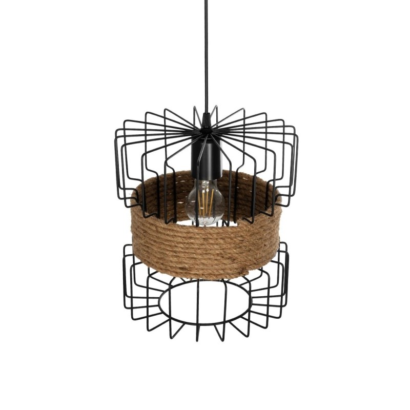 GloboStar® ORB 201-0096 Vintage Κρεμαστό Φωτιστικό Πλέγμα Μονόφωτο 1 x E27 IP20 Μαύρο Μέταλλο με Μπεζ Σχοινί - Μ28 x Π28 x Υ80cm